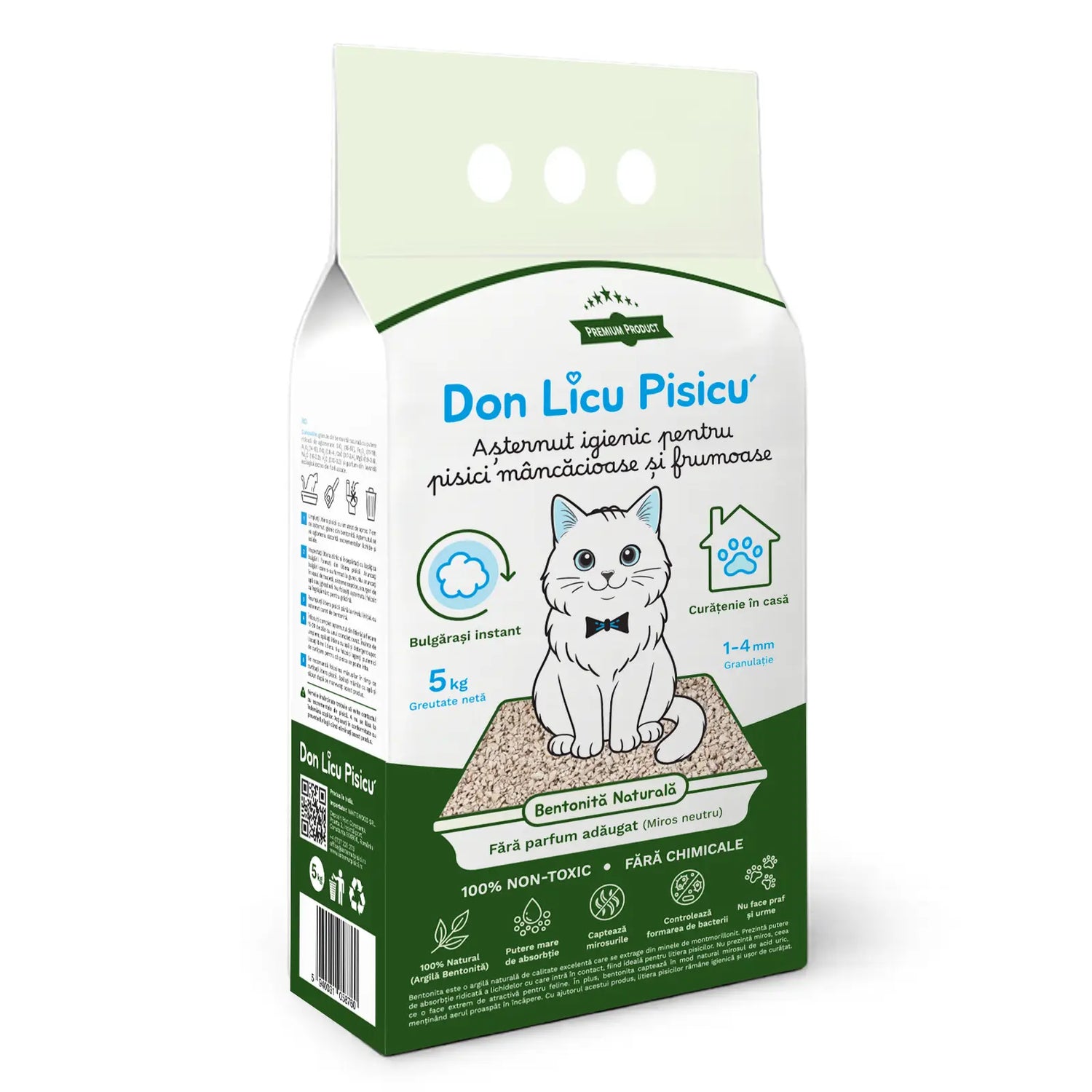 Așternut Igienic pentru Litieră Pisici: Bentonită 100% Naturală fără Parfum adăugat (Miros neutru), fără chimicale, 5 kg