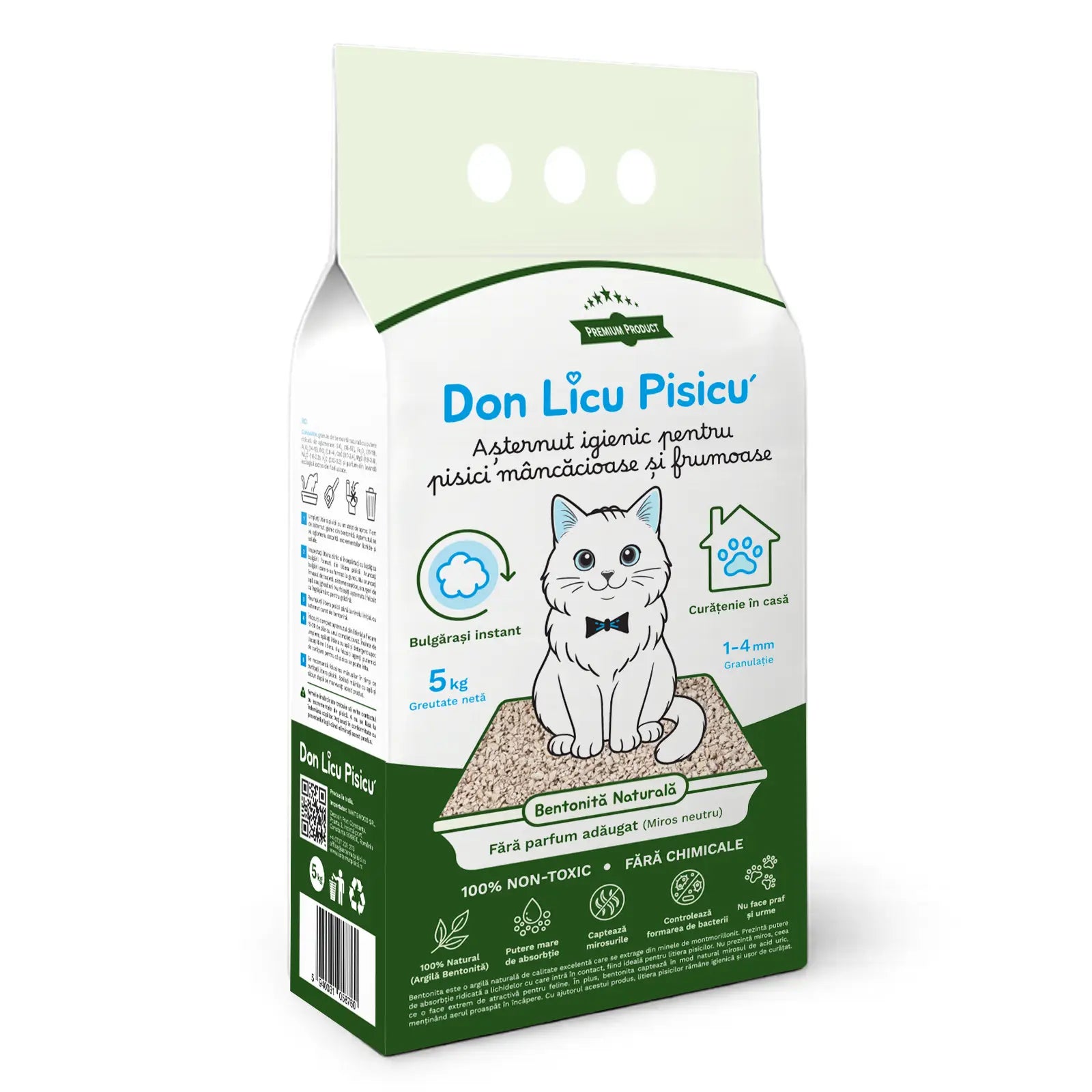 Așternut Igienic pentru Litieră Pisici: Bentonită 100% Naturală fără Parfum adăugat (Miros neutru), fără chimicale, 5 kg