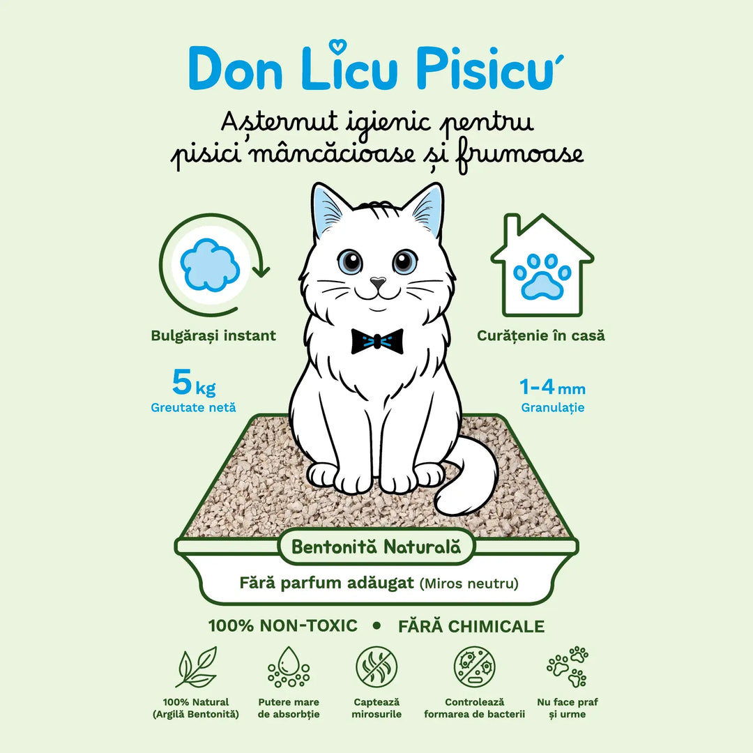 Higiénikus macskaalom: 100% természetes bentonit, illatanyagok nélkül (semleges szagú), vegyi anyagok nélkül, 5 kg