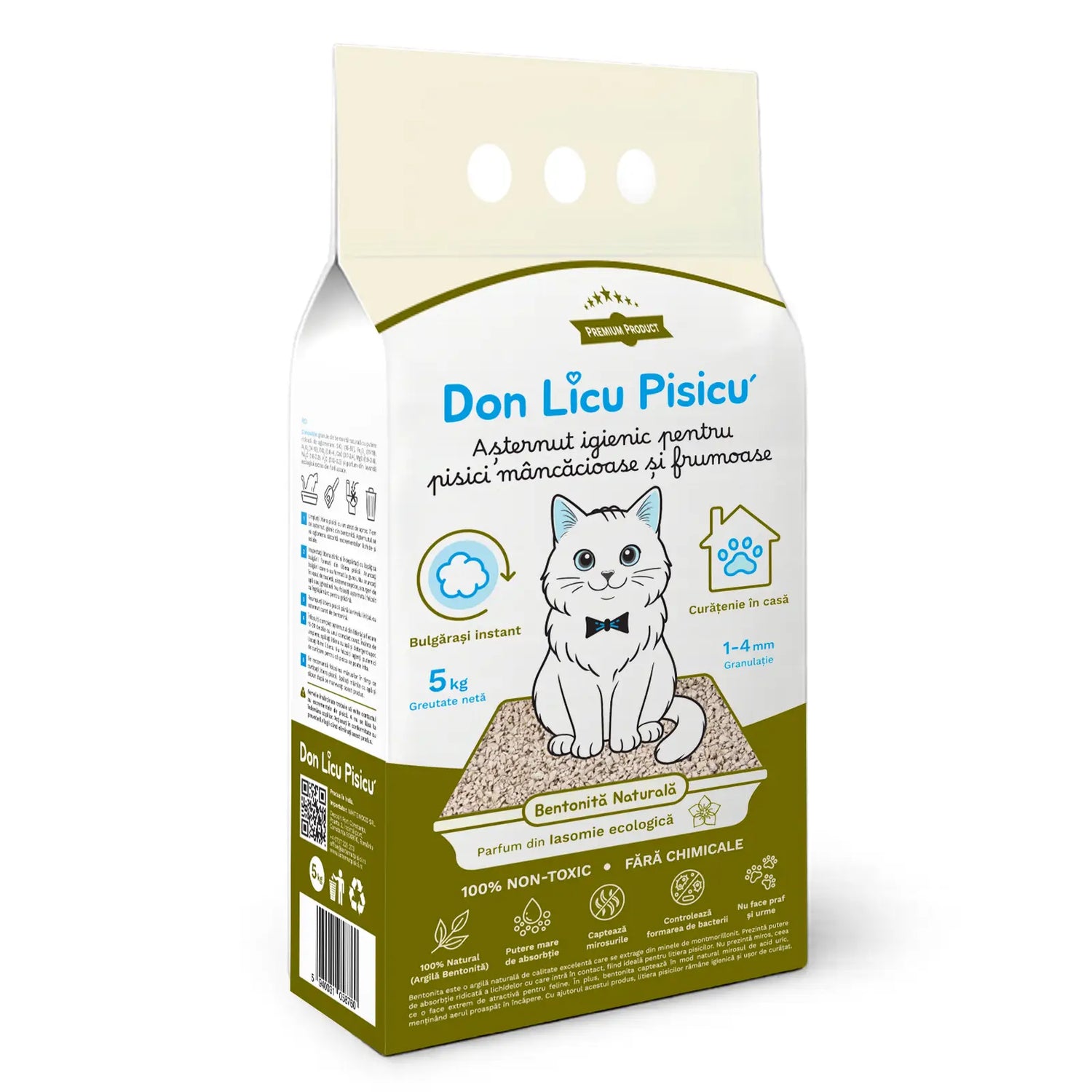 Așternut Igienic pentru Litieră Pisici: Bentonită 100% Naturală cu Parfum din Iasomie Ecologică, fără chimicale, 5 kg