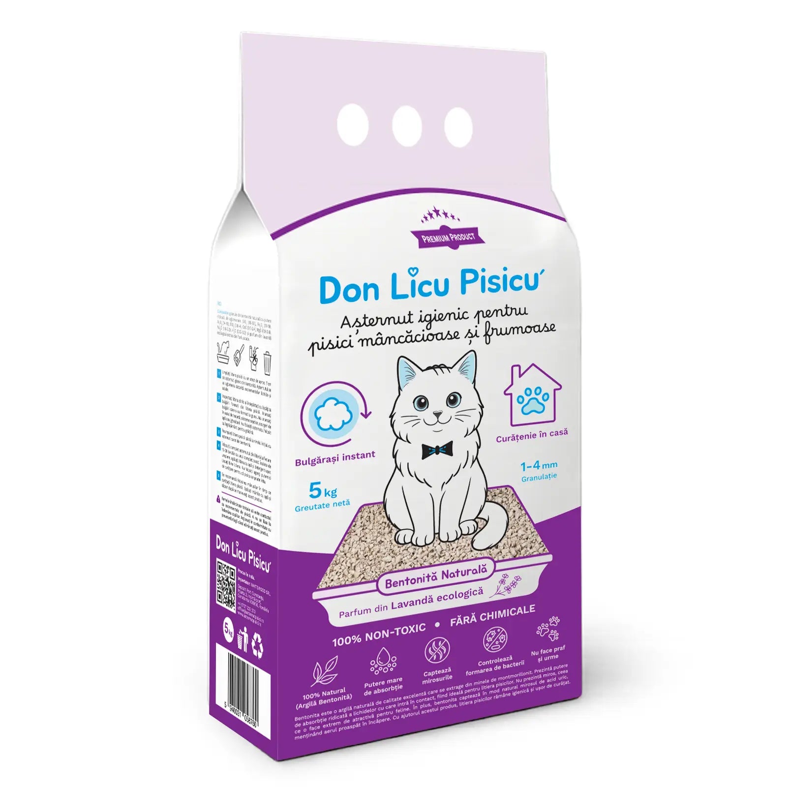 Așternut Igienic pentru Litieră Pisici: Bentonită 100% Naturală cu Parfum din Lavandă Ecologică, fără chimicale, 5 kg