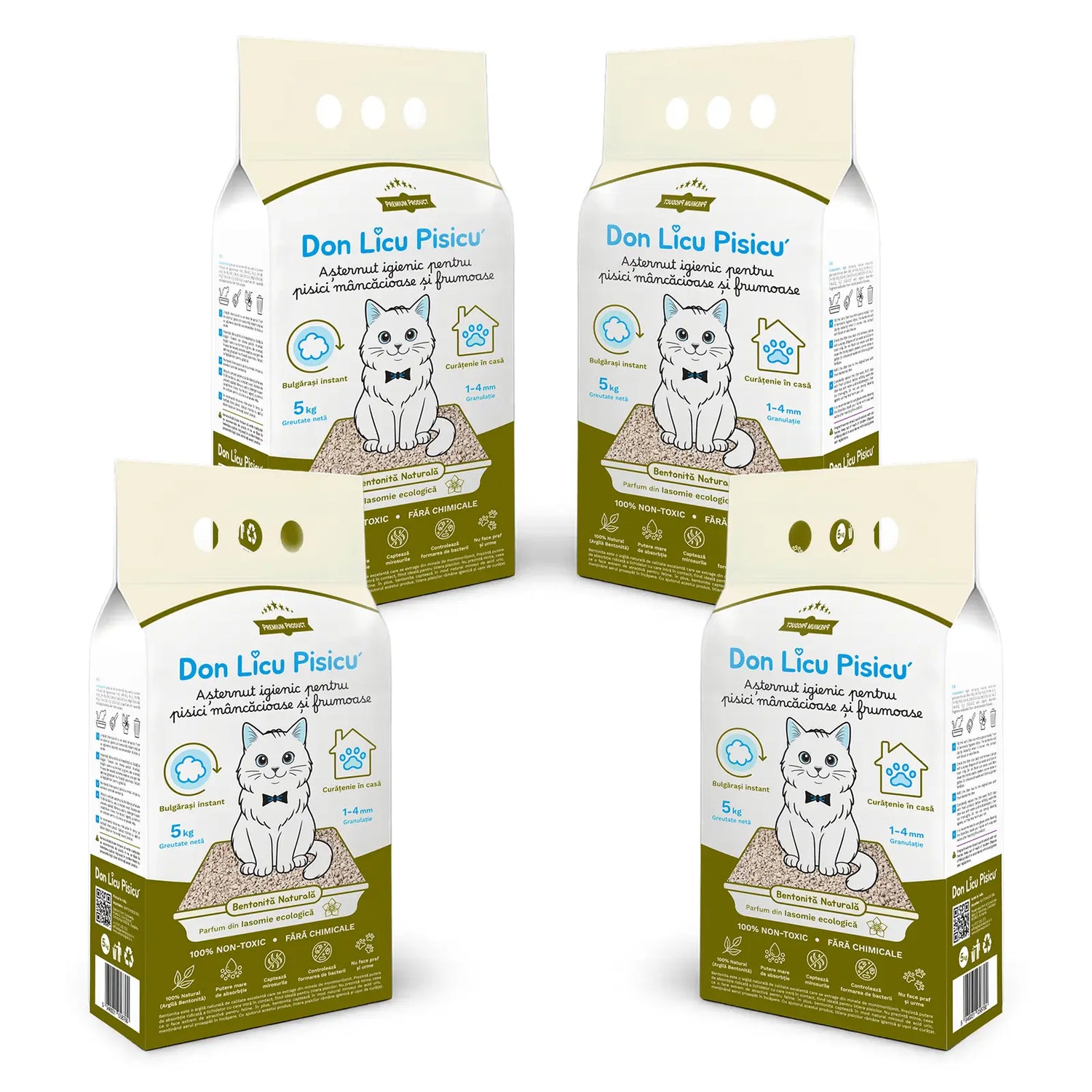 Bentonită litieră, 4 saci, 20 kg, Așternut Pisici, cu Iasomie, 100% Natural