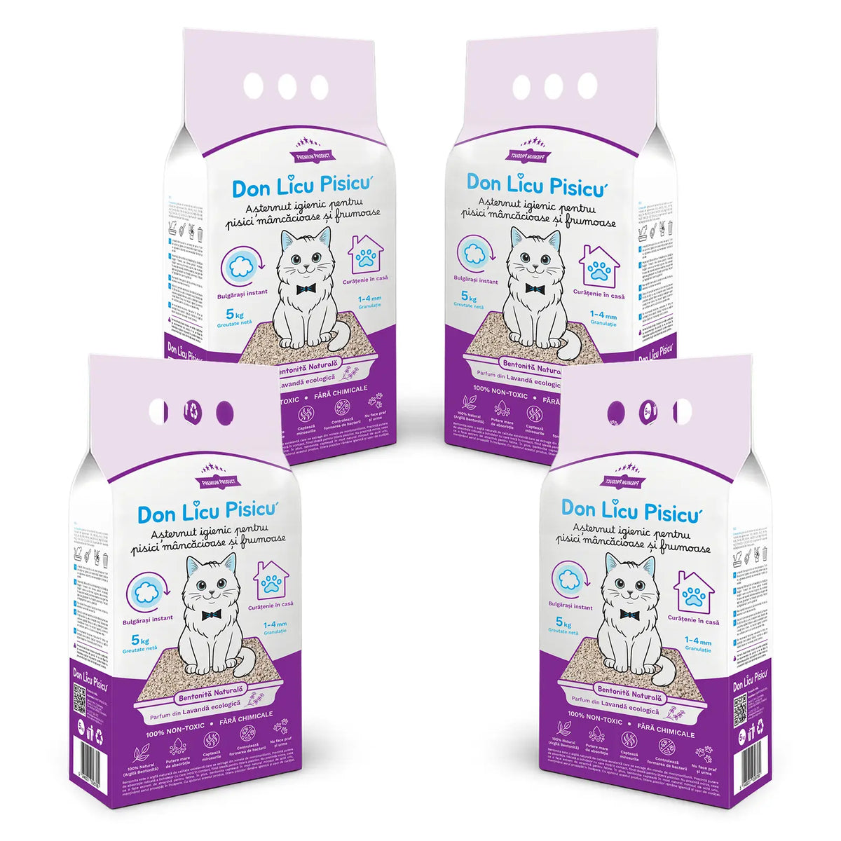 Bentonită litieră, 4 saci, 20 kg, Așternut Pisici, cu Lavandă, 100% Natural