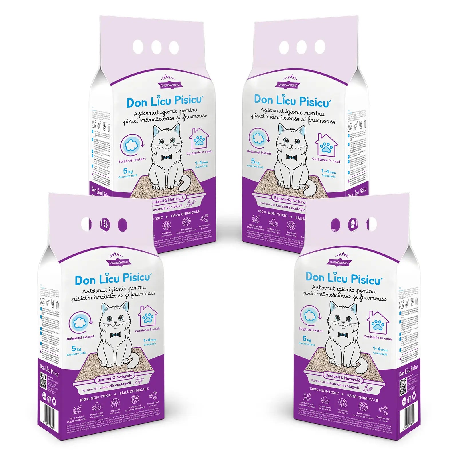 Bentonită litieră, 4 saci, 20 kg, Așternut Pisici, cu Lavandă, 100% Natural