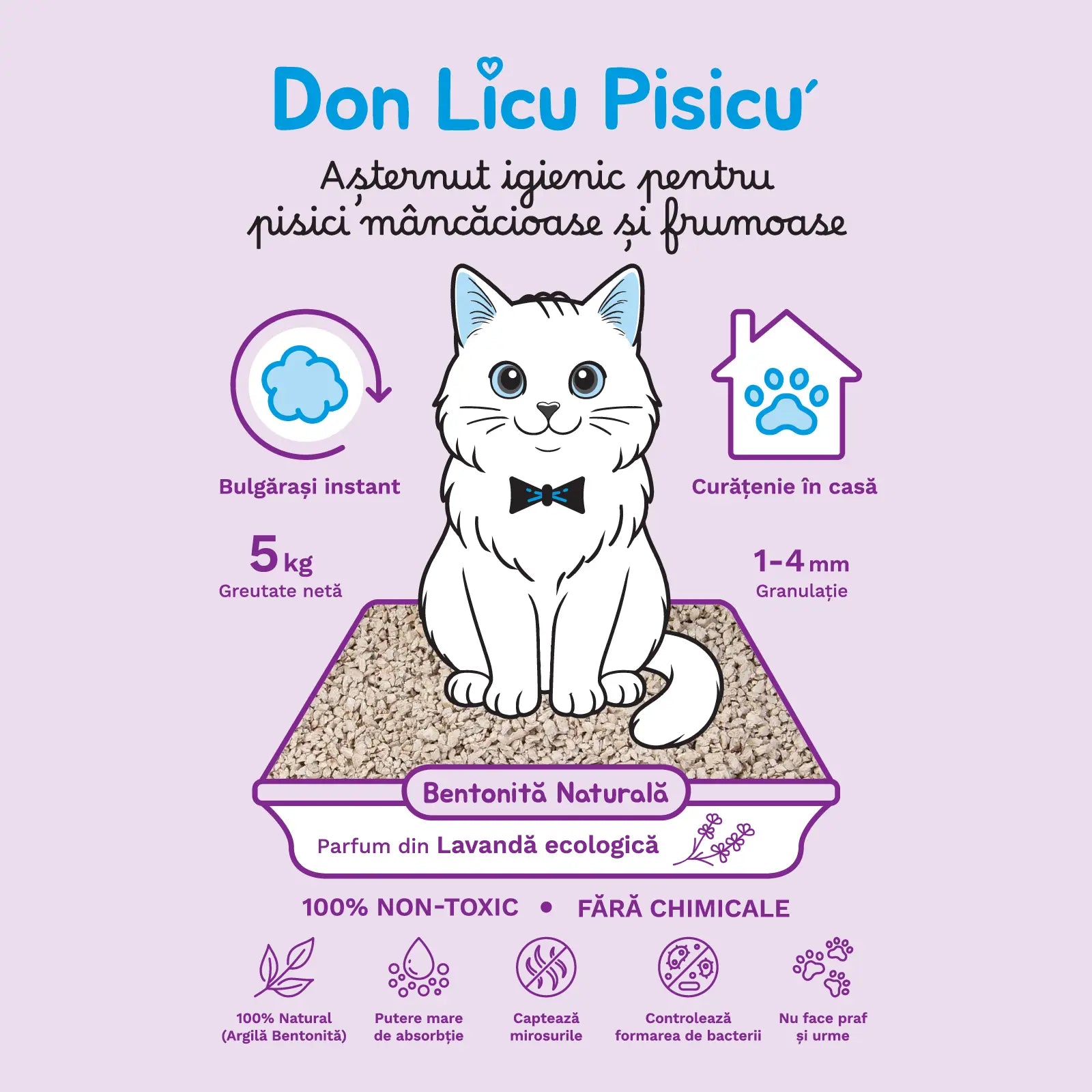 Bentonită litieră, 4 saci, 20 kg, Așternut Pisici, cu Lavandă, 100% Natural