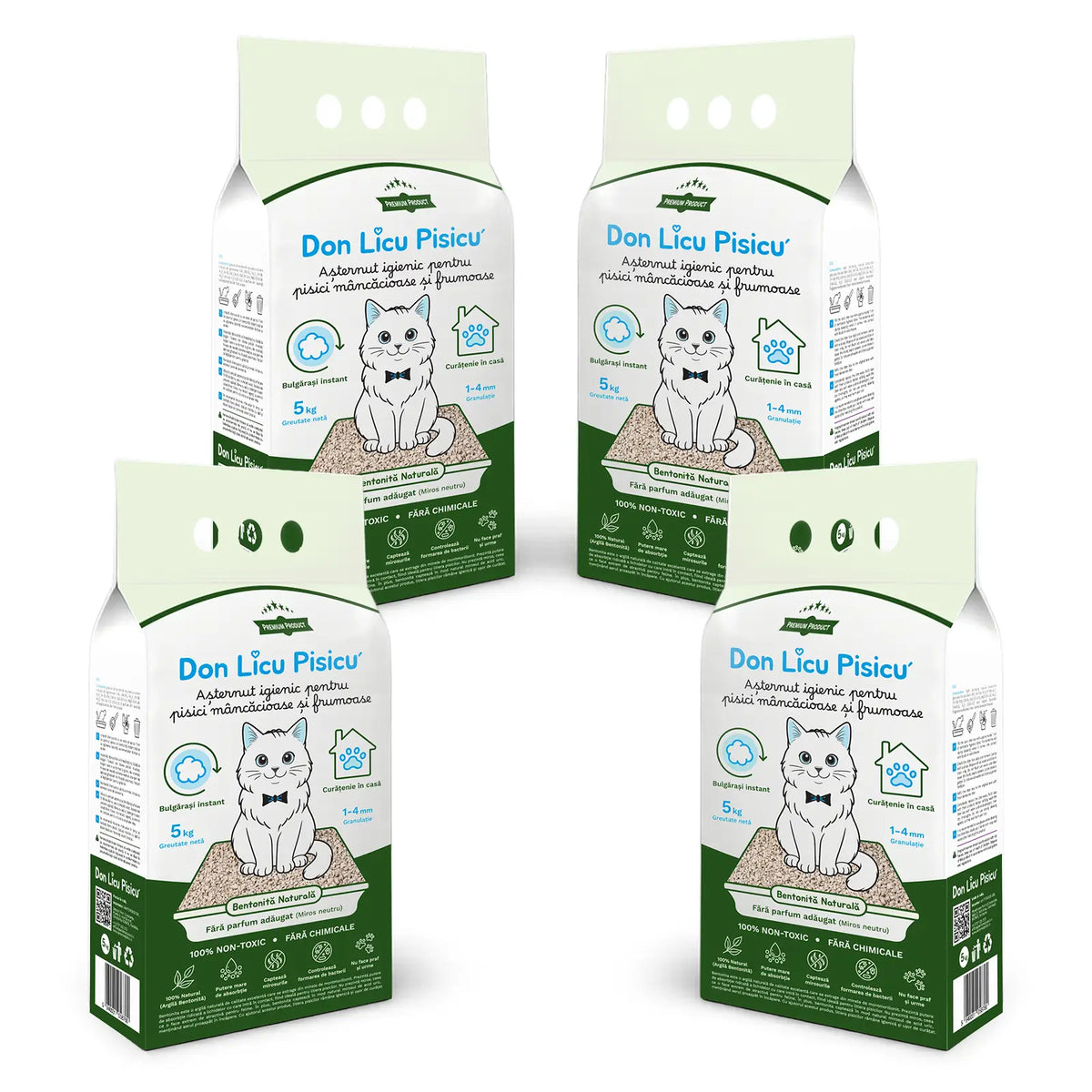 Bentonită litieră, 4 saci, 20 kg, Așternut Pisici, Miros neutru, 100% Natural