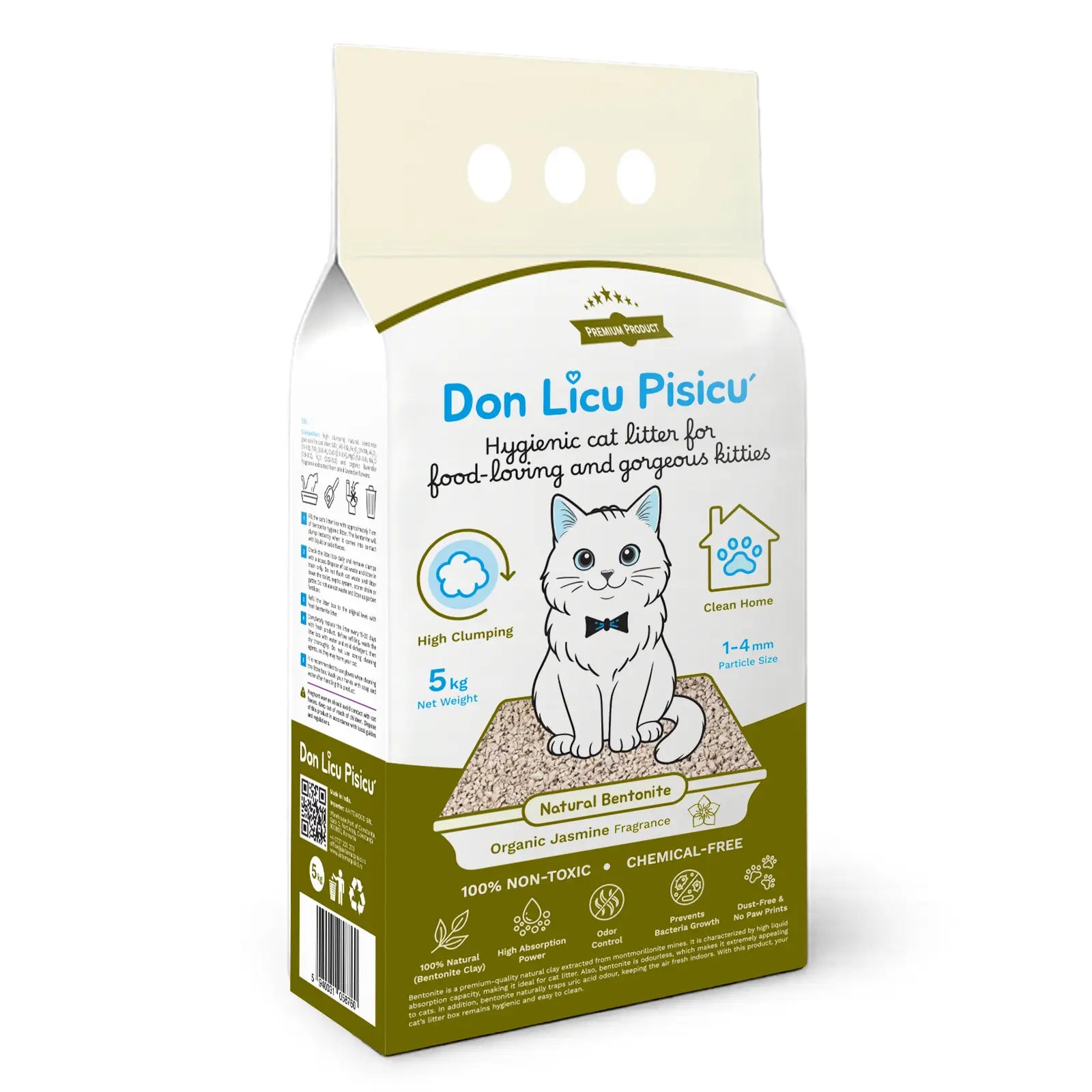 Higiénikus macskaalom: 100% természetes bentonit, organikus jázmin illattal, vegyi anyagok nélkül, 5 kg