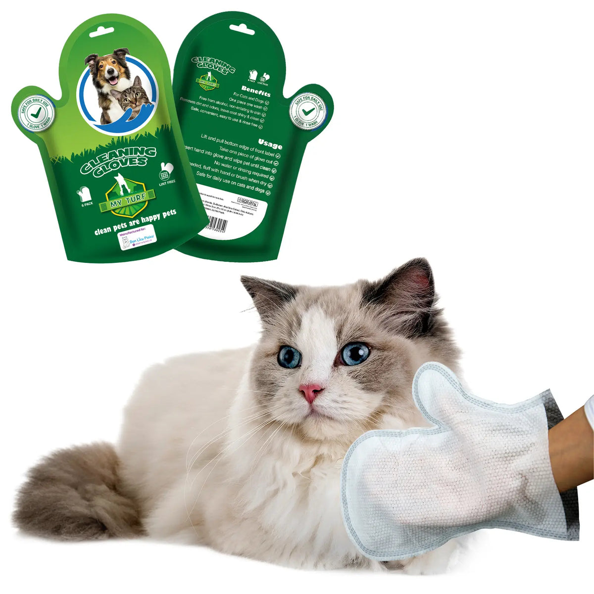 Mănuși umede pentru pisici și câini: Curățare fără apă, fără alcool, 100% ingrediente naturale, neiritante, 6 buc