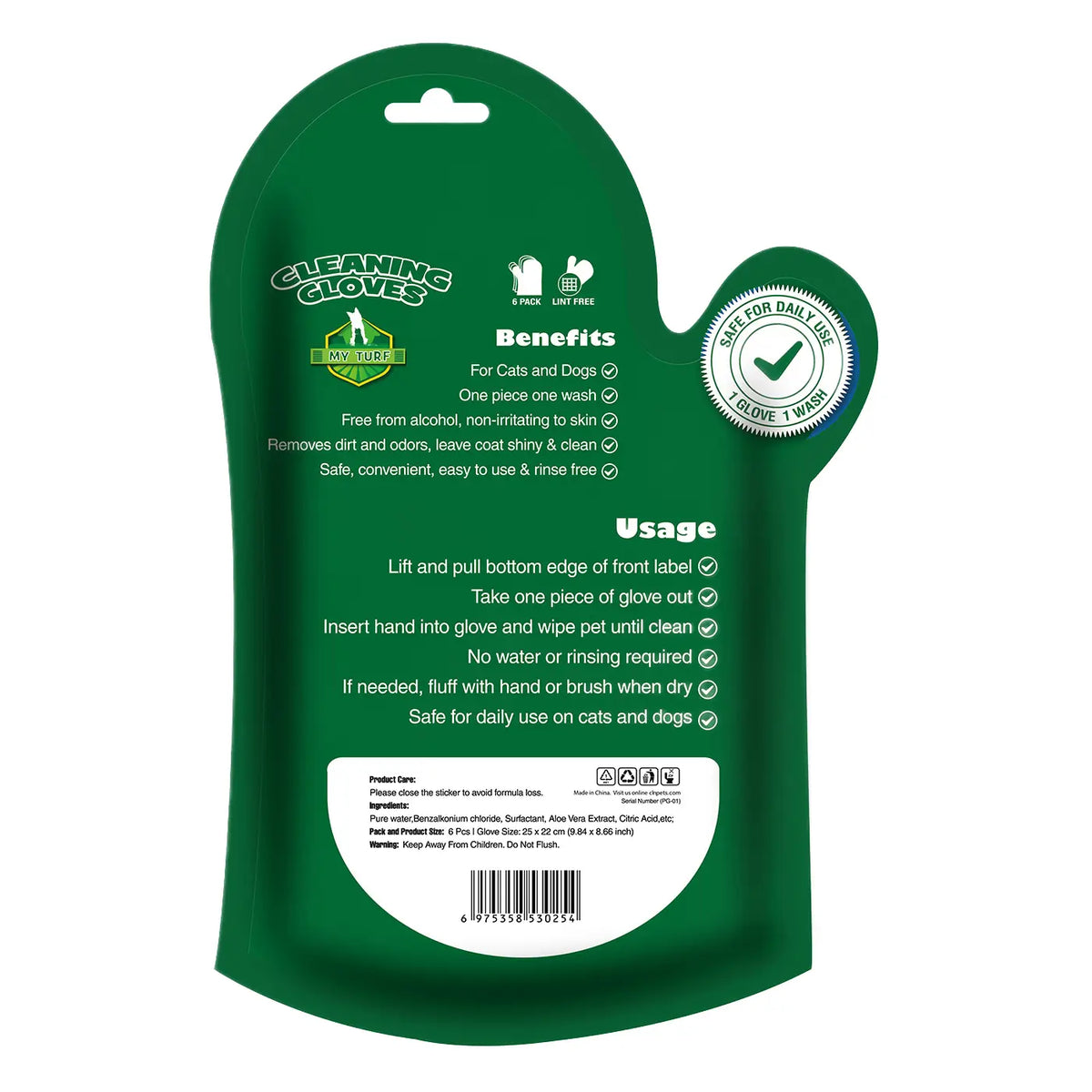 Mănuși umede pentru pisici și câini: Curățare fără apă, fără alcool, 100% ingrediente naturale, neiritante, 6 buc