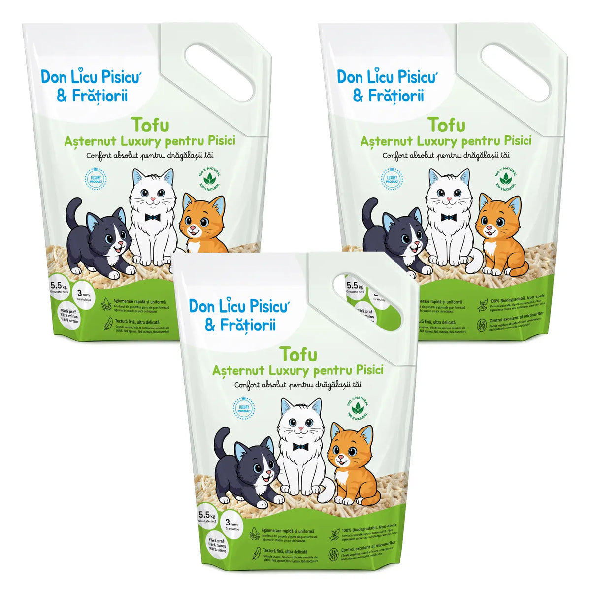 Tofu litieră, 3 saci, 16.5 kg, Așternut Luxury Pisici