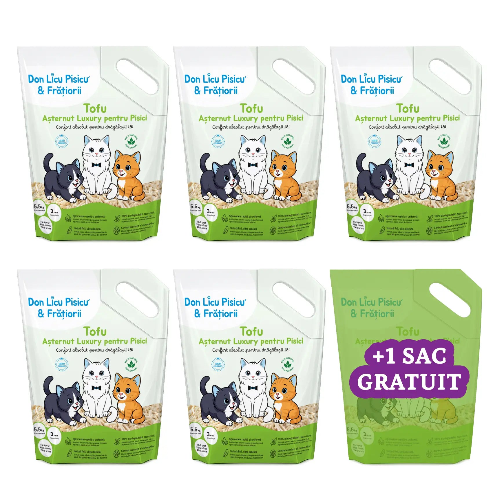 Tofu litieră, 6 saci, 33 kg, Așternut Luxury Pisici